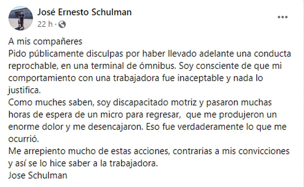El pedido de disculpas de José Ernesto Schulman.