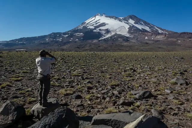 Laguna del Diamante. El guardaparques Eduardo Orellano observa la Cara Sur del volcán Maipo. Ignacio Blanco / Los Andes