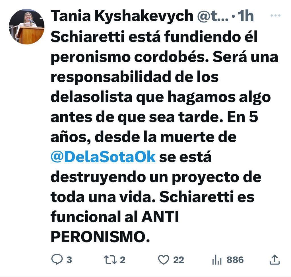 Elecciones 2023: tuit de la legisladora peronista Tania Kyshakevych contra Juan Schiaretti
