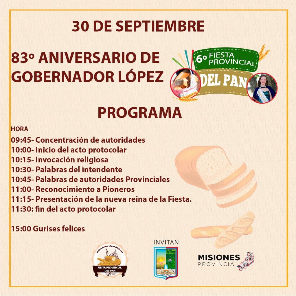 Esta jornada se llevará adelante la Fiesta Provincial del Pan en Gobernador López.