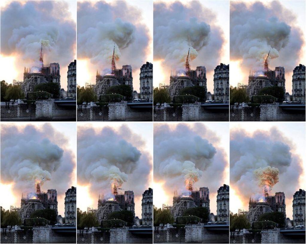 Esta selección de fotos muestra la secuencia de cómo caía la aguja de 96 metros de altura tan característica de la catedral de Notre Dame (Foto: AP/Diana Ayanna)