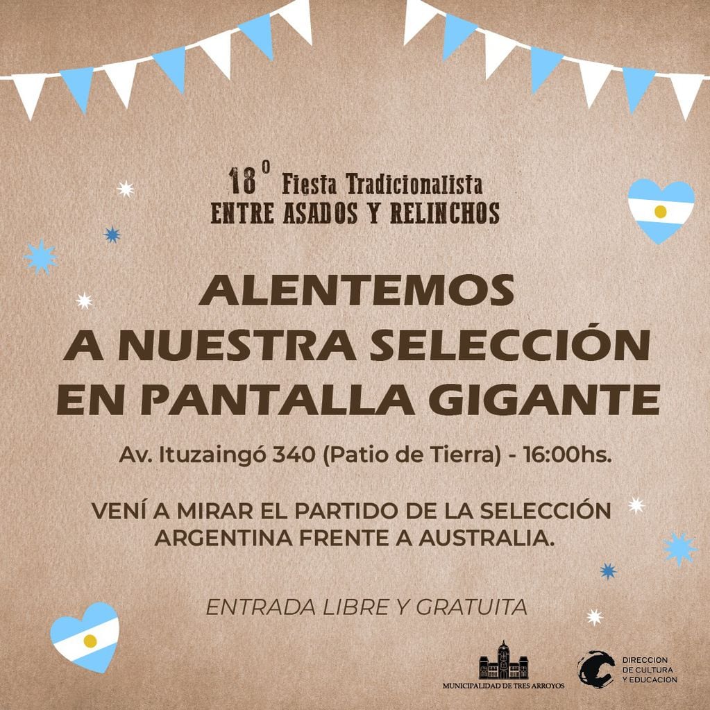 Pantalla gigante en Tres Arroyos para ver Argentina - Australia