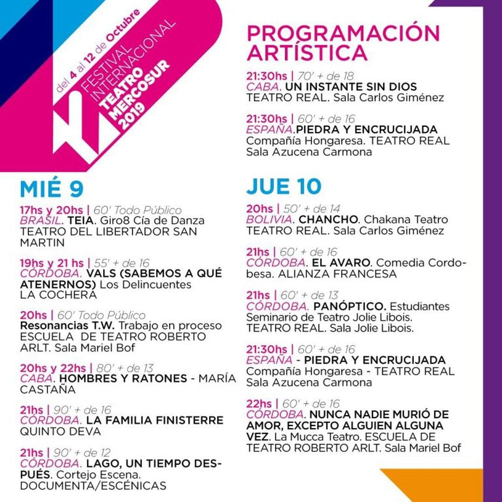 Programa del Festival de Teatro del Mercosur para 9 y 10 de octubre.