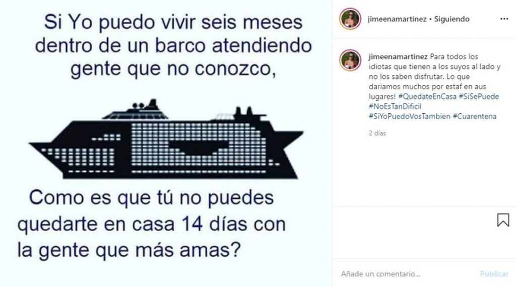 Una publicación de Jimena en su cuenta de Instagram sobre la situación.