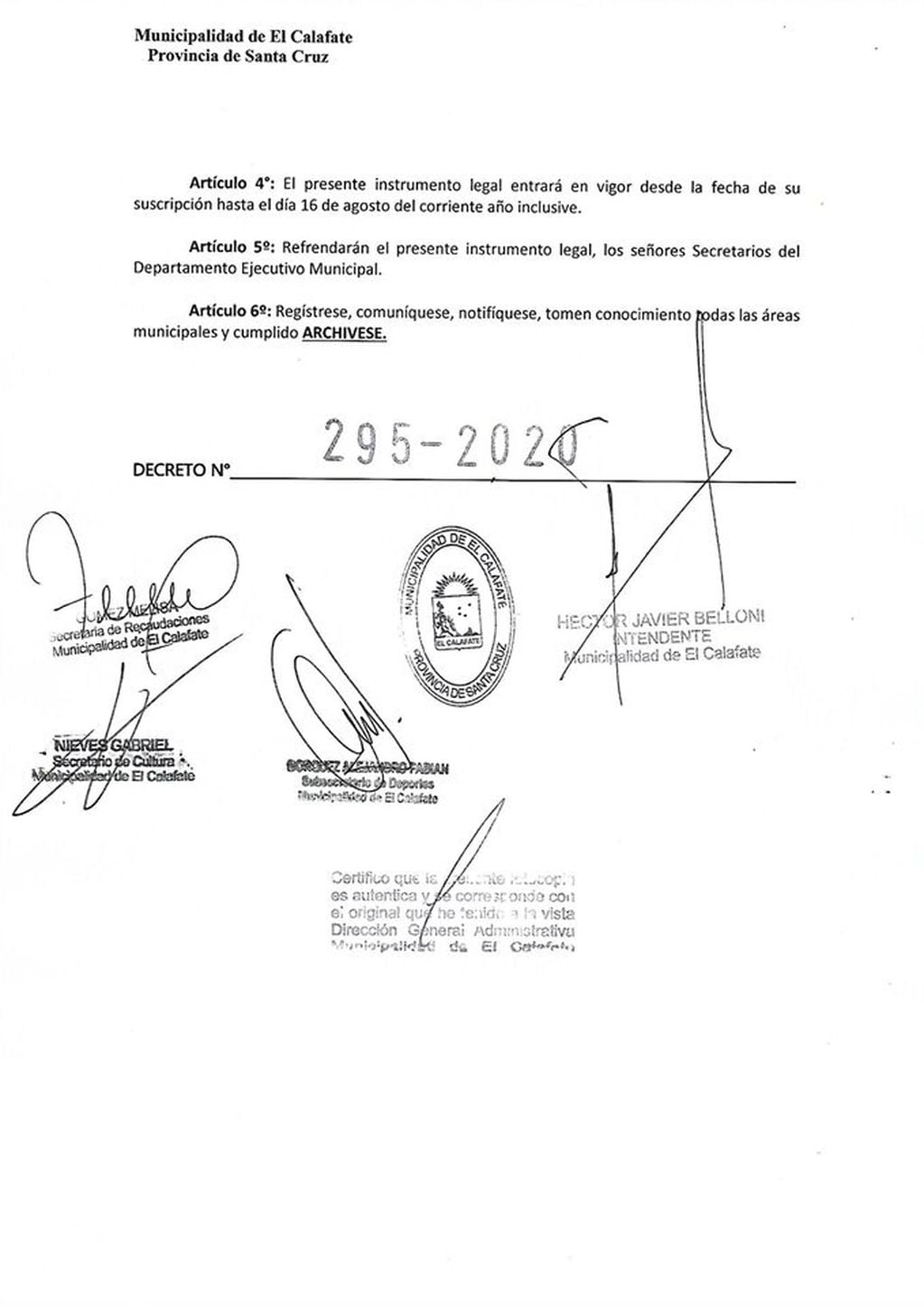 Decreto Municipal 295/2020.
