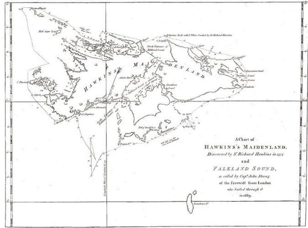 Mapa de la «Hawkins' Maiden Land», hecho en 1773 por John Hawkesworth y John Byron.