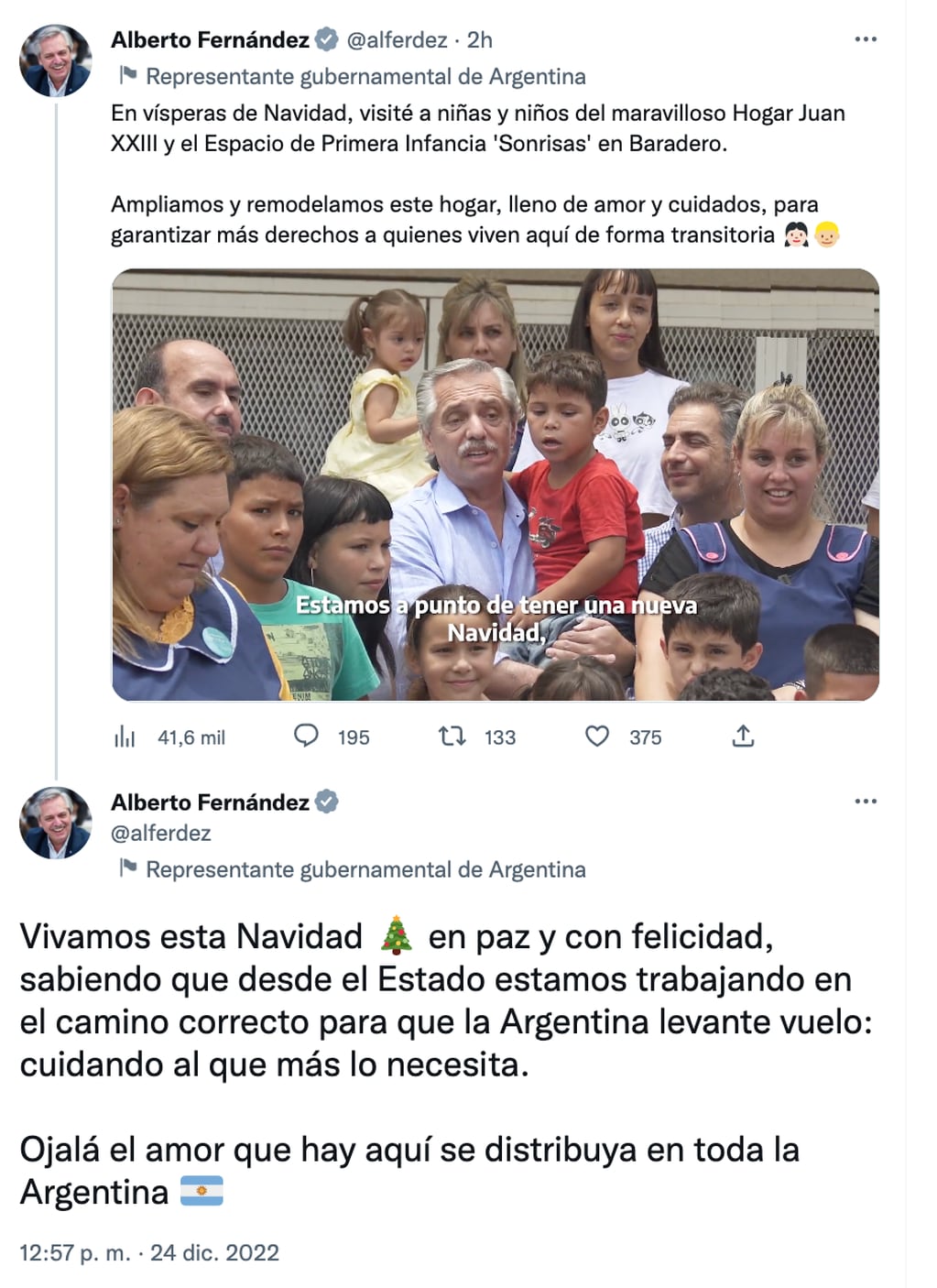 El presidente Alberto Fernández compartió un mensaje de Navidad a través de su cuenta de Twitter.