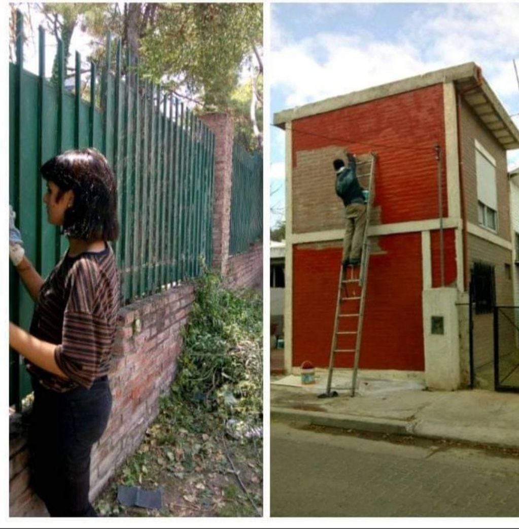 Lucía y Federico pintando en una casa en la zona sur de Carlos Paz. (Foto: gentileza Federico Poli).