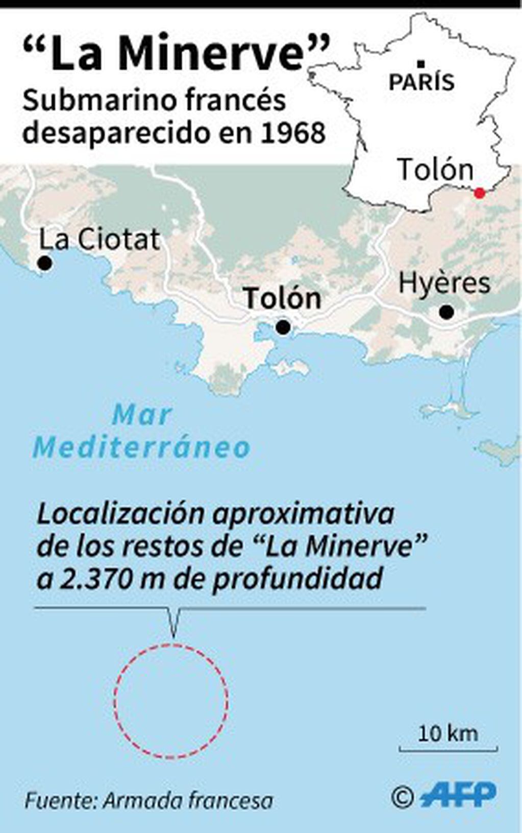 Localización aproximativa del submarino francés "La Minerve", desaparecido en 1968 - AFP / AFP
