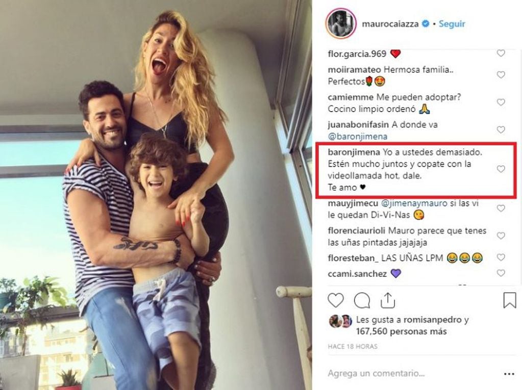 El mensaje de Jimena Barón en las redes de Mauro Caiazza (Instagram).