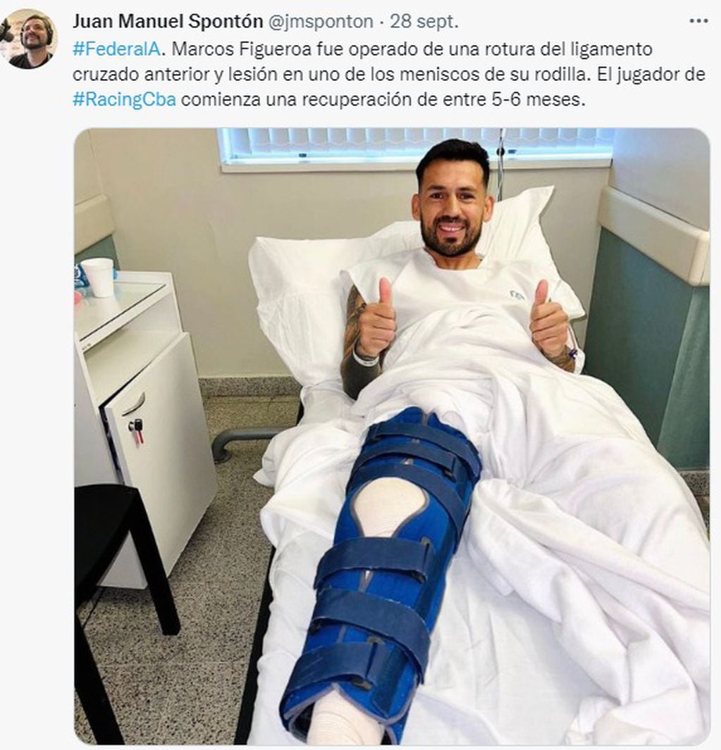 Marcos Figueroa pasó con éxito la operación. Racing lo perdió por seis meses.