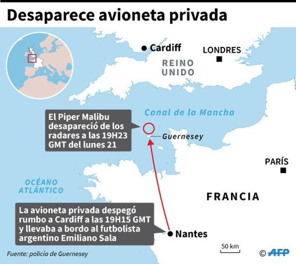 Localización de la avioneta privada que desapareció en el Canal de la Mancha y en la que viajaba el futbolista argentino. (AFP)