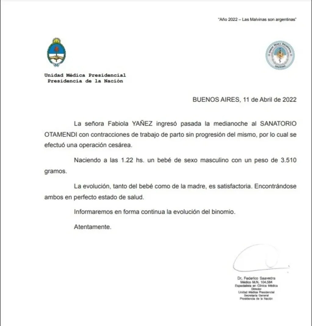 El comunicado desde Presidencia sobre el nacimiento del bebé de Alberto Fernández