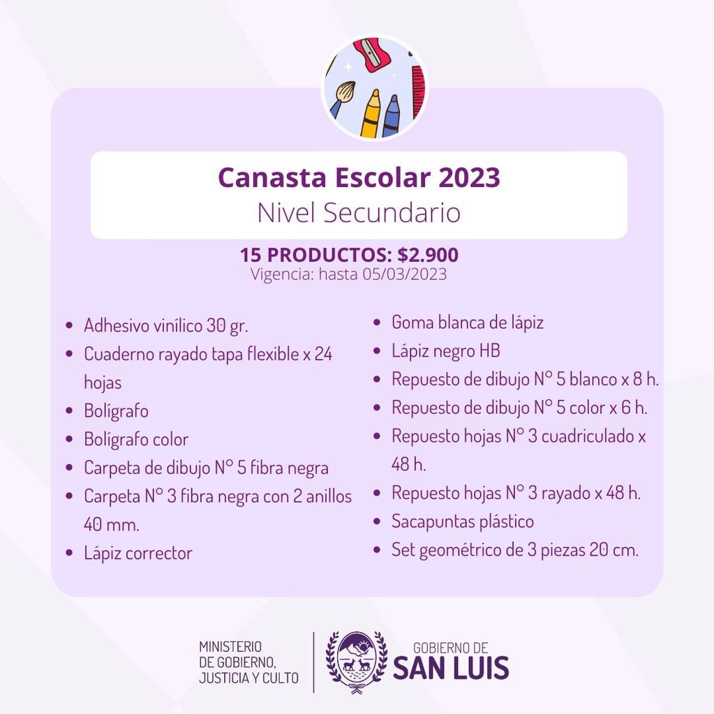 Productos de la Canasta Escolar a $2.900 en San Luis.
