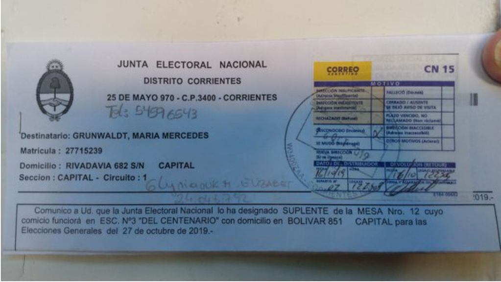 Telegrama de Correo Argentino devuelto al Juzgado Federal.