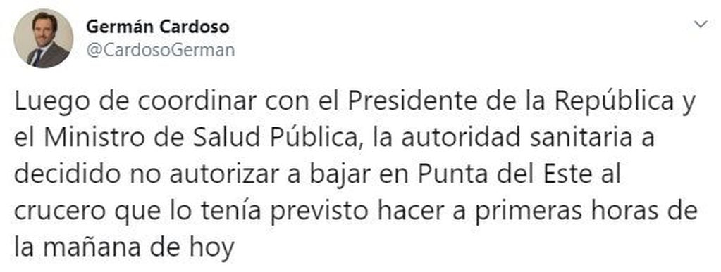 Uruguay impidió el desembarco de un crucero con argentinos en Punta del Este. (Twitter/@CardosoGerman)