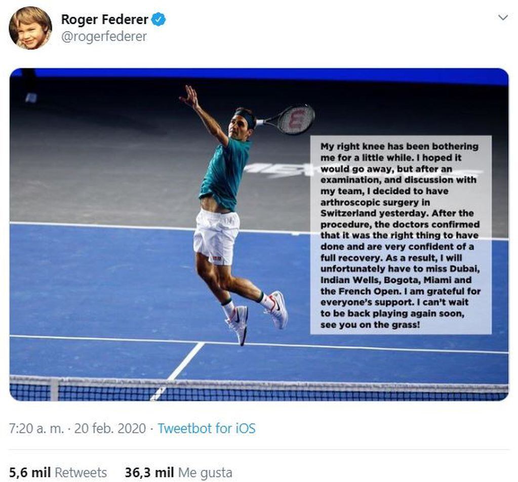 Roger Federer, afuera de Roland Garros por una operación de rodilla (Foto: captura Twitter)
