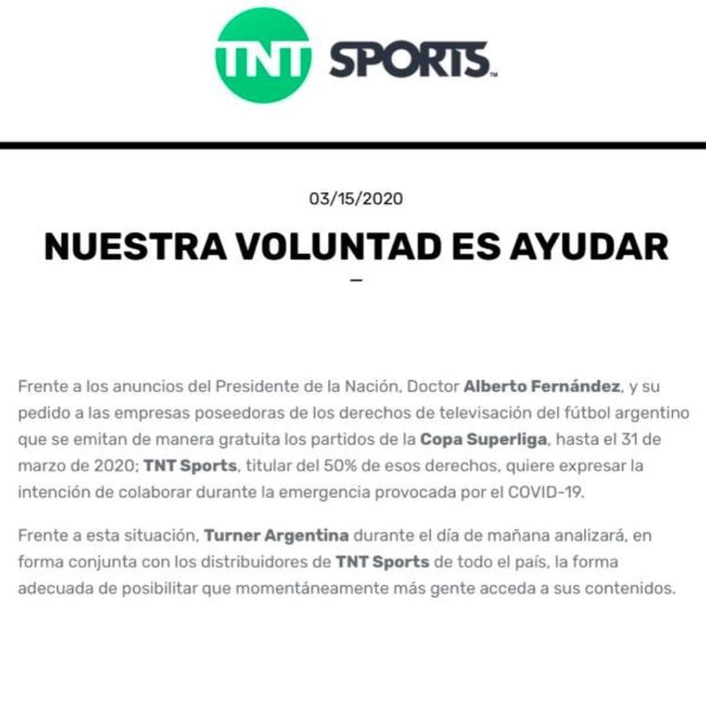 TNT Sports analiza la posibilidad de transmitir gratis los partidos de la Copa de la Superliga. (Twitter/@TNTSportsLA)