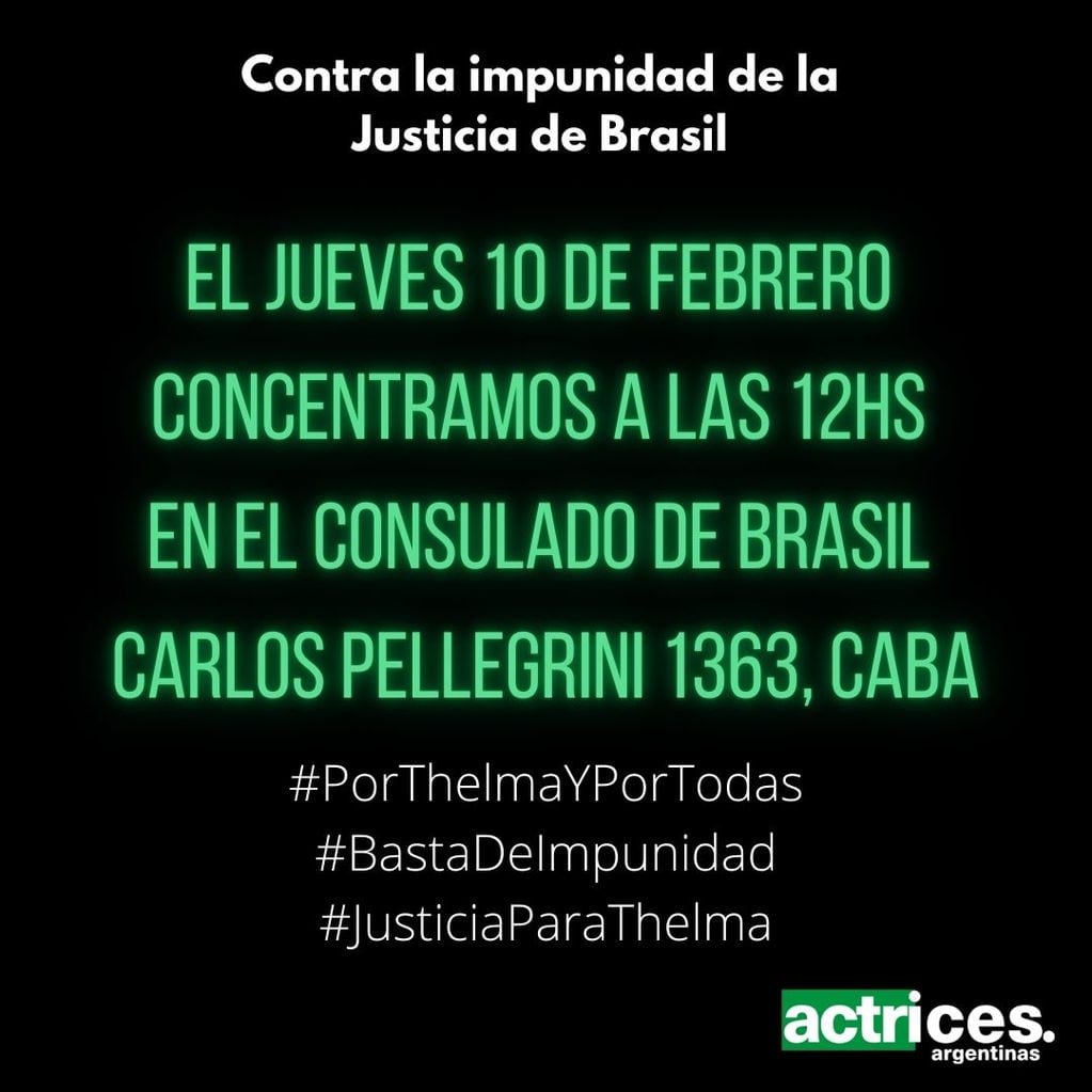 El anuncio de Actrices Argentinas en las redes sociales, convocando para la manifestación de este jueves frente al consulado de Brasil.