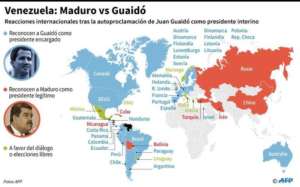 Mapamundi con las reacciones internacionales tras la autoproclamación de Juan Guaidó como presidente interino de Venezuela - AFP / AFP