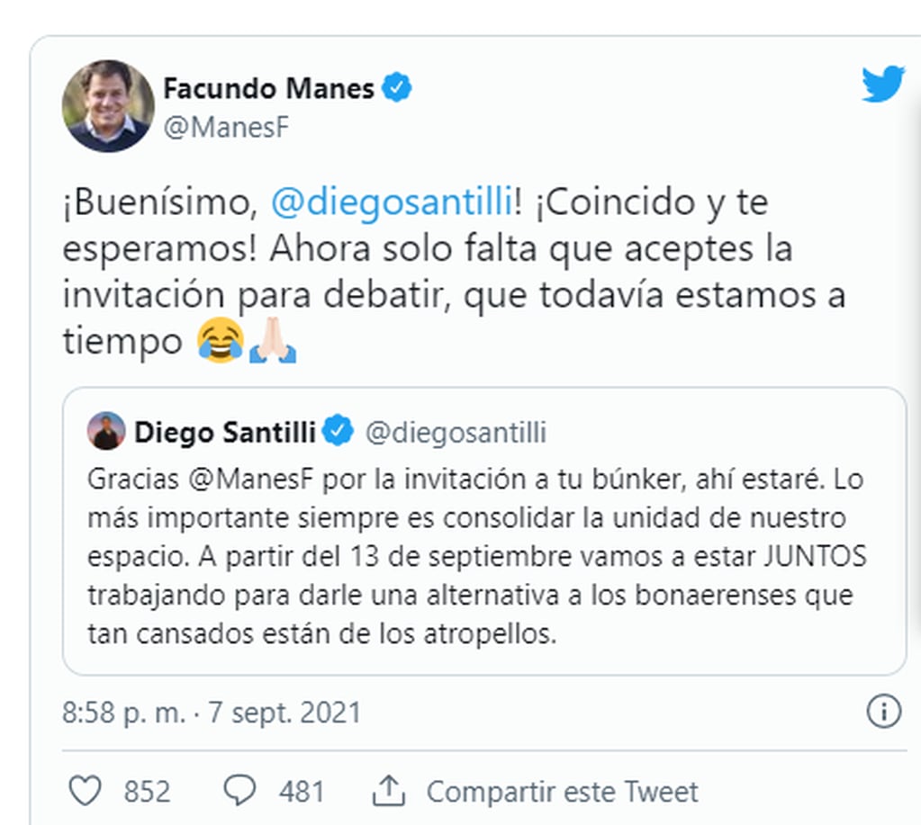 Los tuits entre Facundo Manes y Diego Santilli.