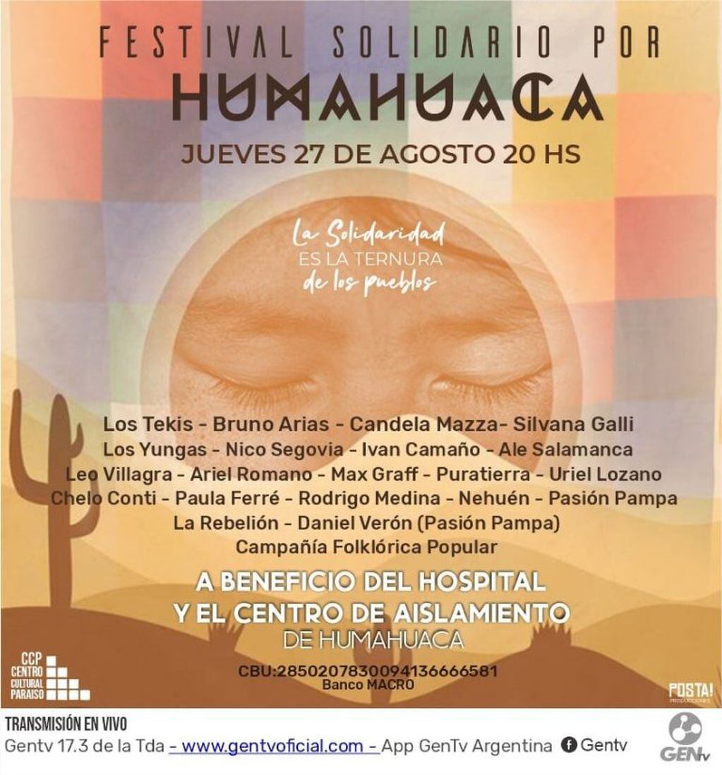 Flyer que invita a seguir el festival solidario por Humahuaca anunciado para este jueves a partir de las 20:00.