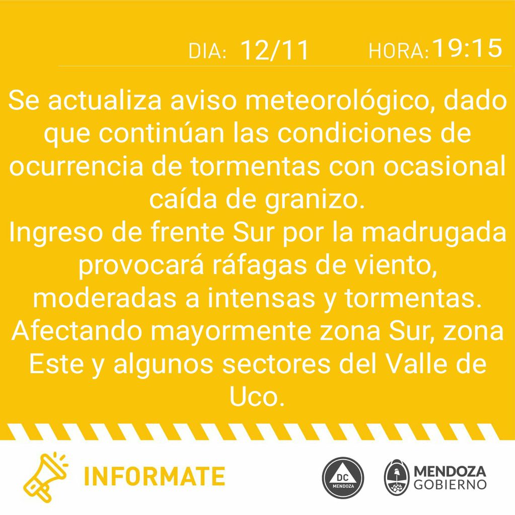 En la tarde de este viernes, Defensa Civil renovó el alerta de tormentas y granizo para Mendoza. Gentileza