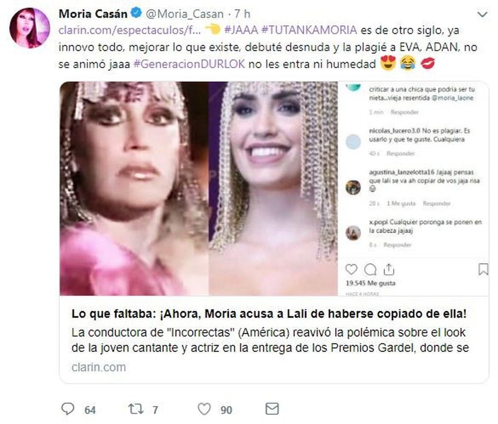 Moria Casán acusó a Lali de plagio (Twitter)