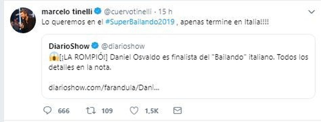 El tuit de Marcelo Tinellipara invitar a Daniel Osvaldo al Súper Bailando