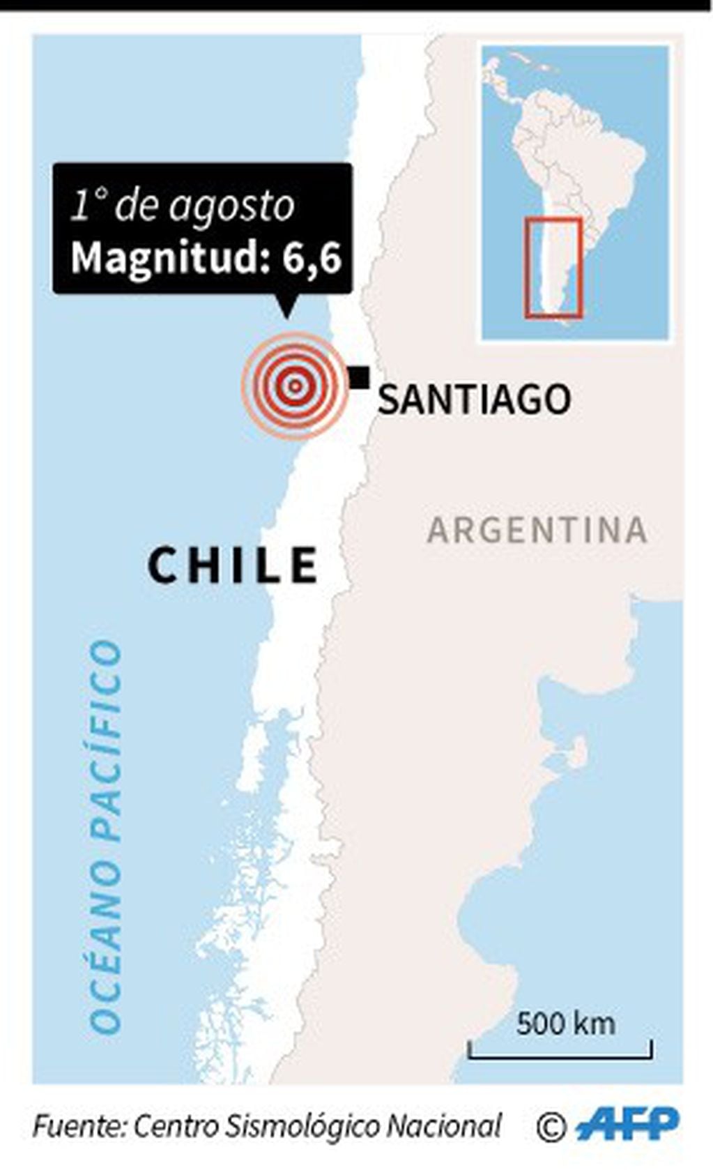 Localización del sismo de magnitud 6,6 que se sintió este jueves en el centro de Chile - AFP / AFP