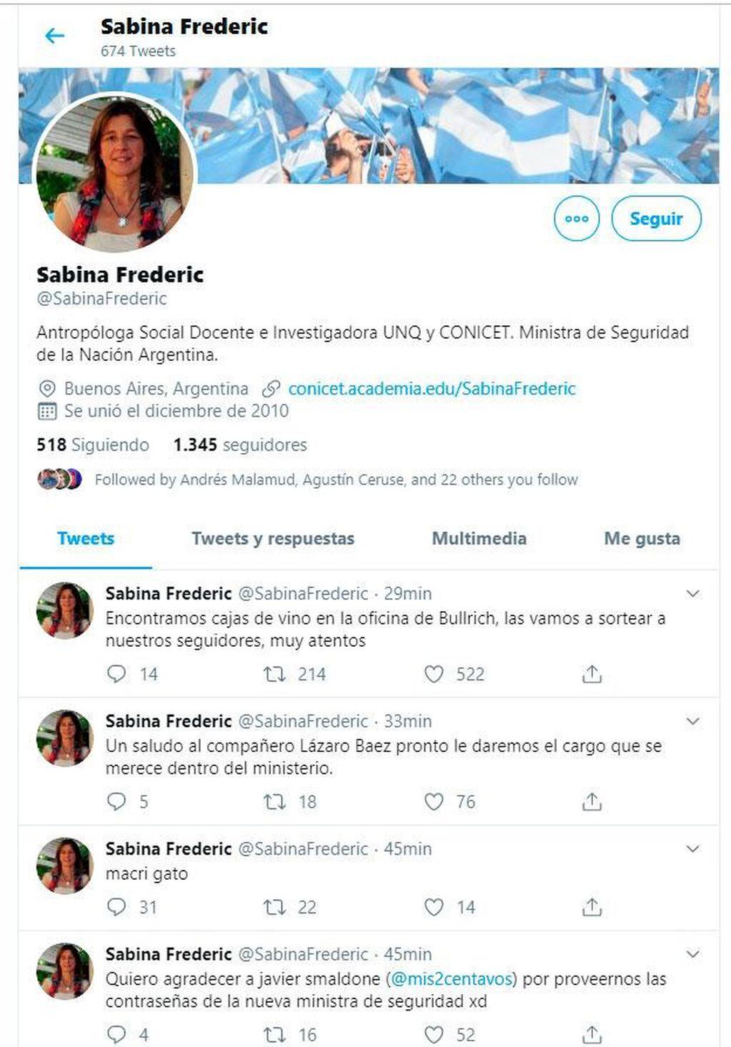 Hackearon la cuenta de Sabina Frederic. (Twitter)