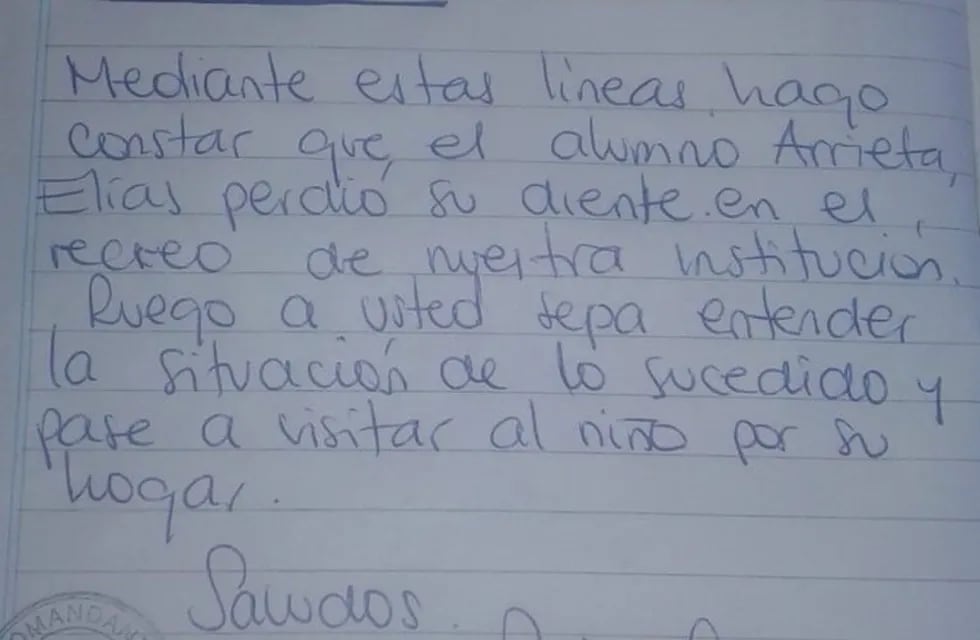 Perdió en diente en el colegio y su profesor le escribió una carta al Ratón Pérez.