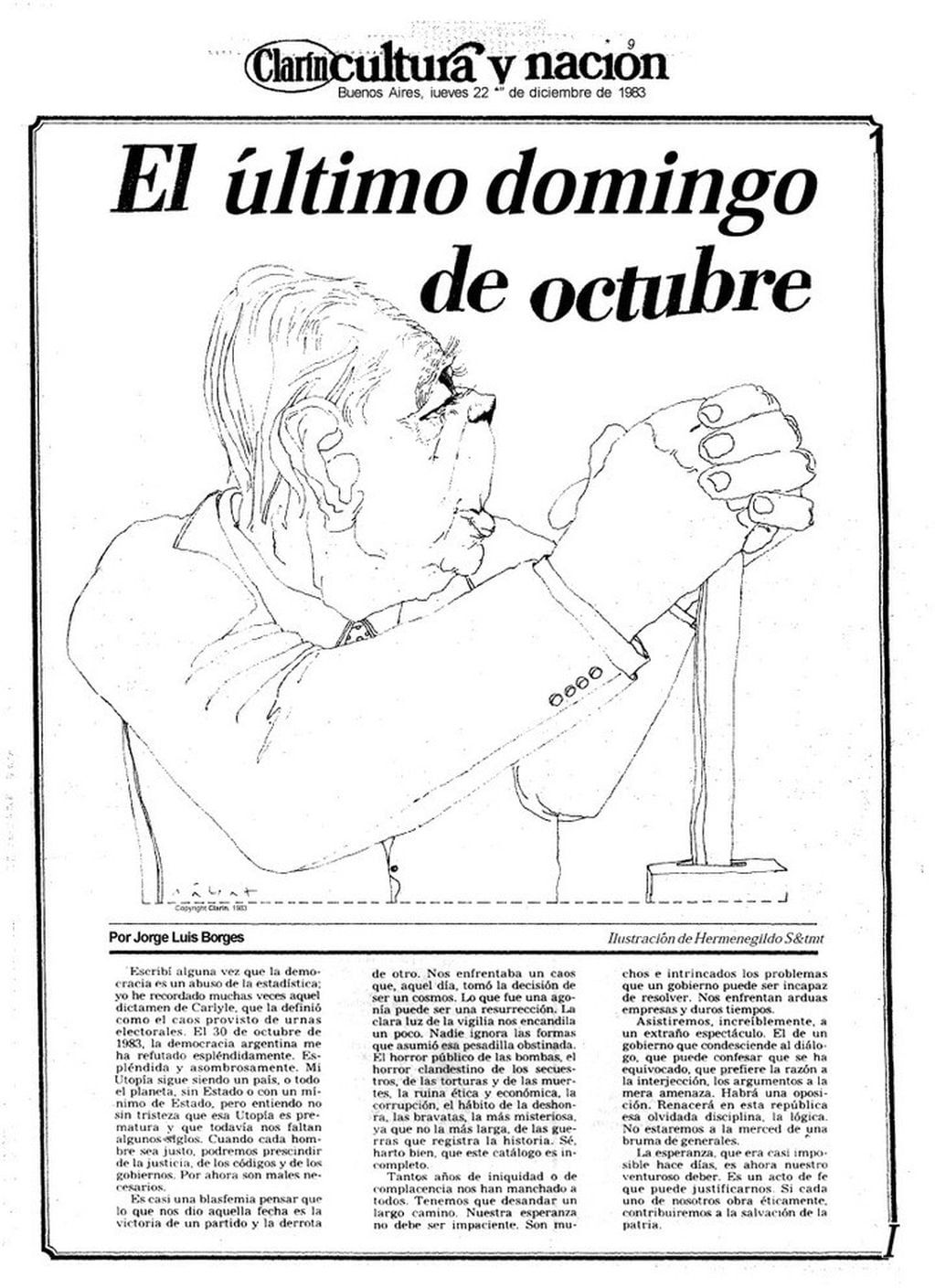 Tapa del suplemento Cultura y Nación de Clarín del 22 de diciembre de 1983, con el texto de Jorge Luis Borges (Clarín)