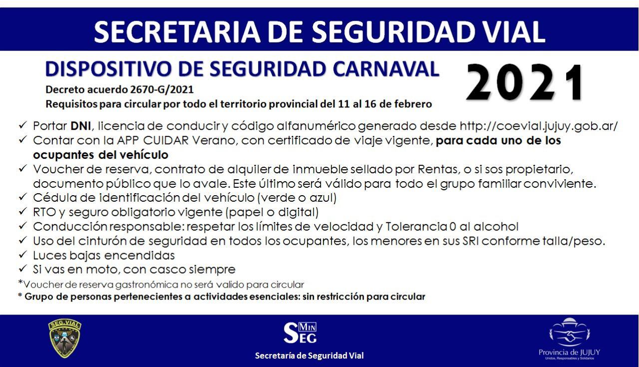 Las autoridades difundieron los alcances del "Dispositivo de seguridad carnaval 2021" que regirá en Jujuy desde este jueves hasta el martes próximo.