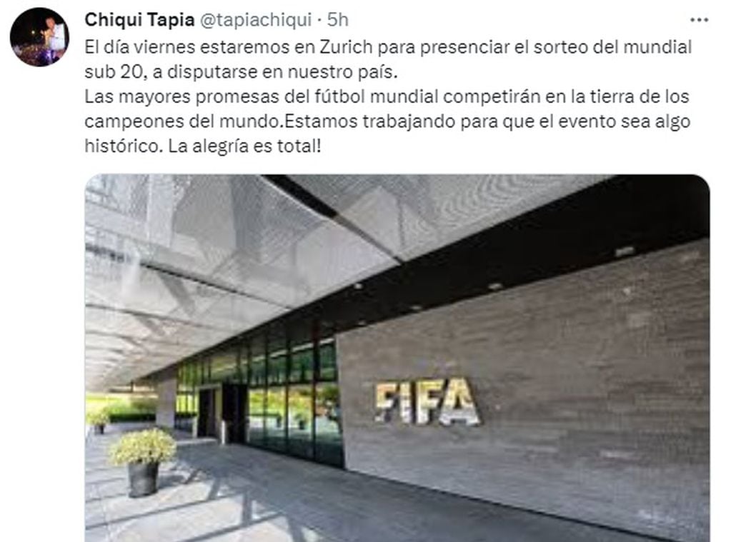 Chiqui Tapia confirmó su viaje a Zurich para estar presente el sorteo del Sub 20.