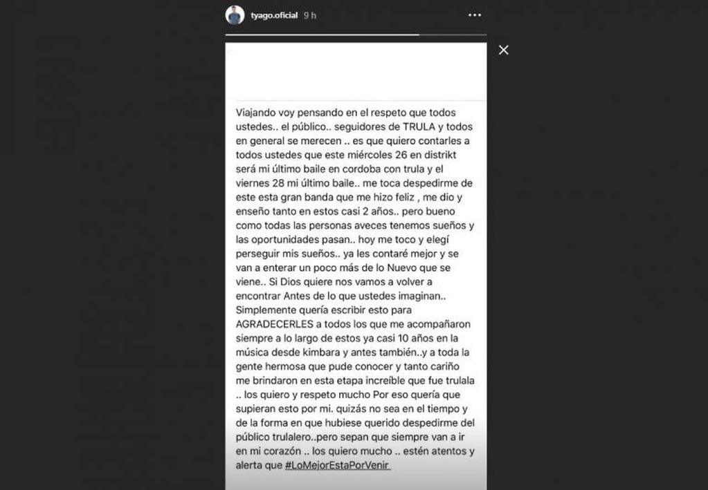 Despedida de Tyago en Instagram