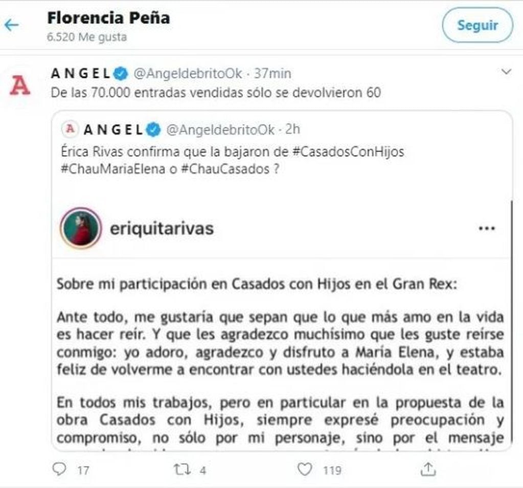 El otro tweet que likeó Peña fue uno referido al comunicado de Rivas en Instagram.