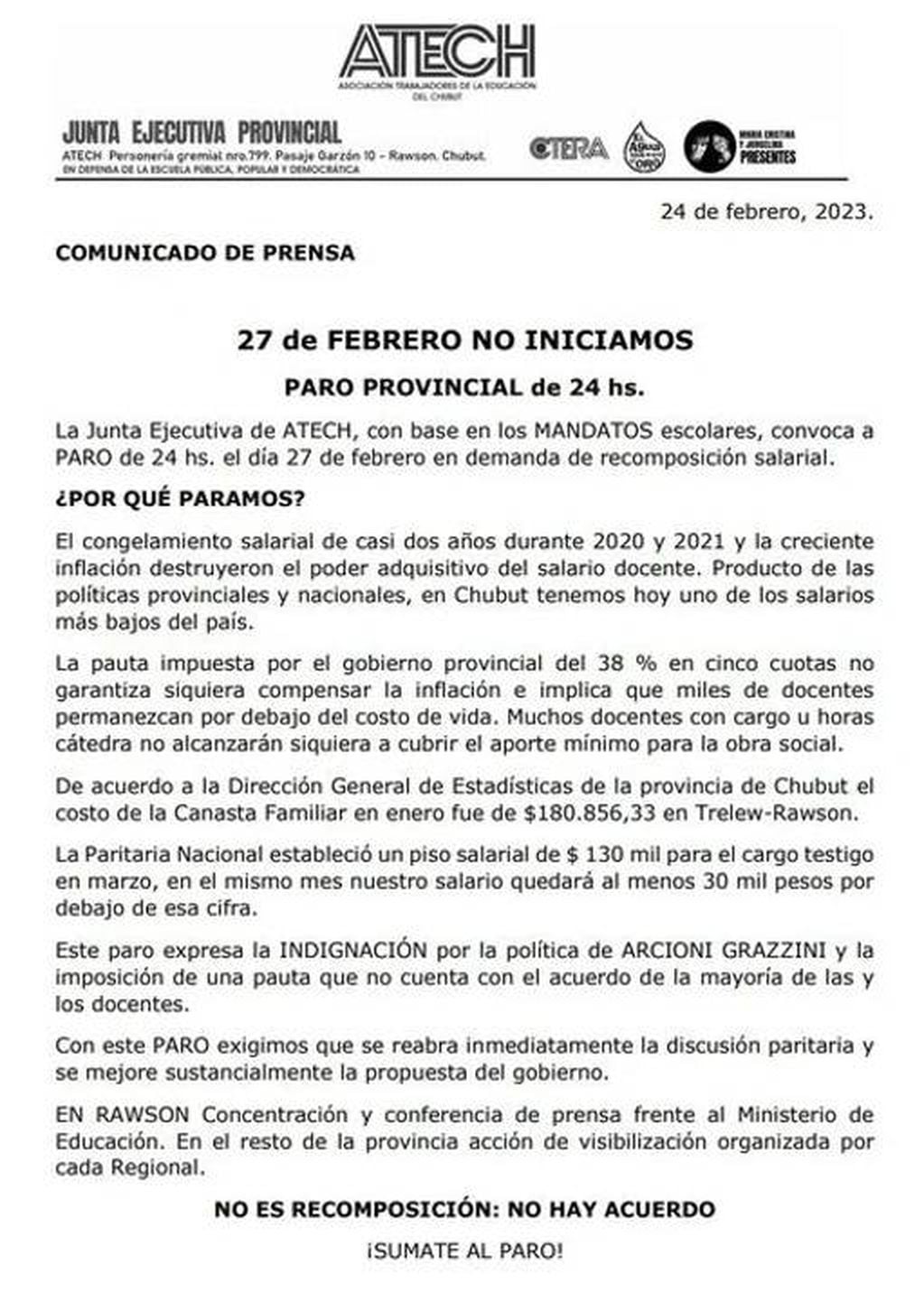 El comunicado de los docentes de Chubut, anunciando paro de 24 horas.