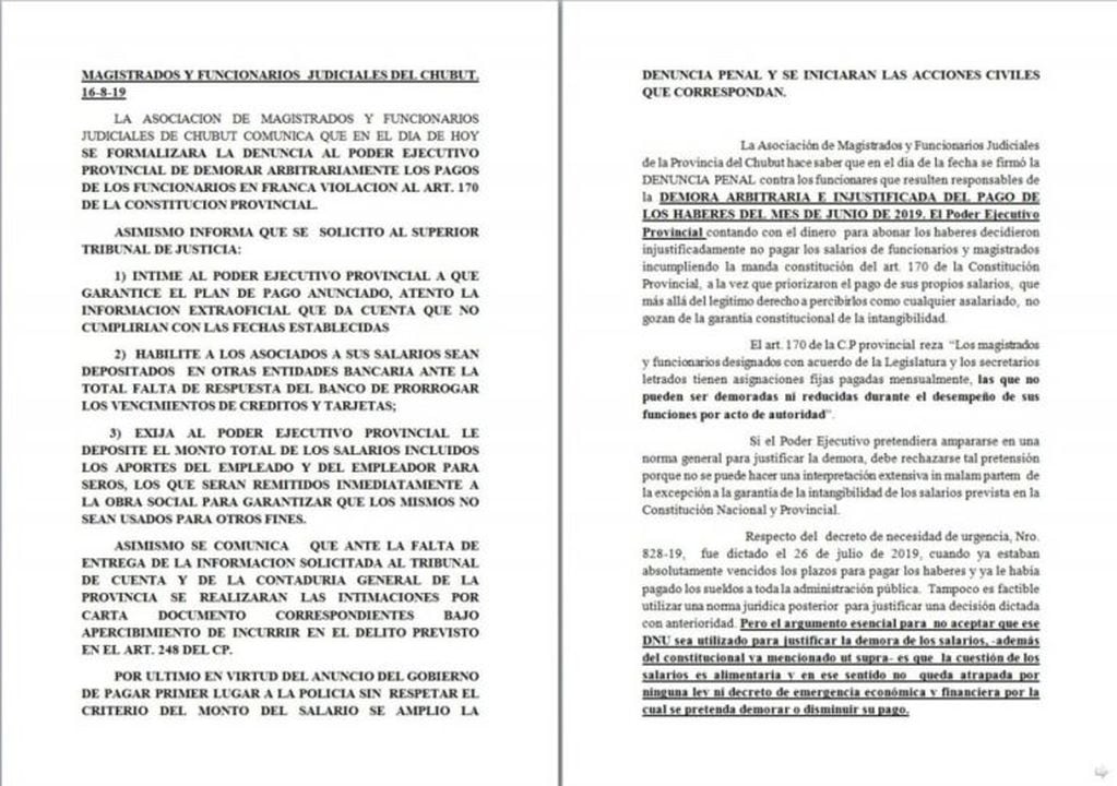 La denuncia completa de los Magistrados (Foto: Diario Jornada).