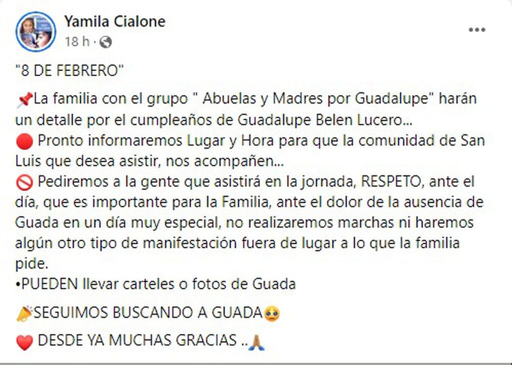 Publicación de Yamila Cialone por el cumpleaños de su hija, Guadalupe Lucero