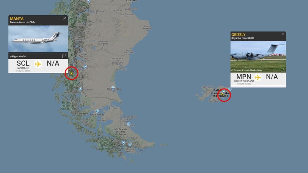 Los vecinos también quisieron salir a desplegar las alas. Avión Learjet de la Fuerza Aérea de Chile sobrevuela la zona hasta la Base Chabunco de Punta Arenas. Por otro lado, avión A400M de la Fuerza Aérea Británica en Malvinas, realiza vuelo de patrulla. (visualización Flightradar24).