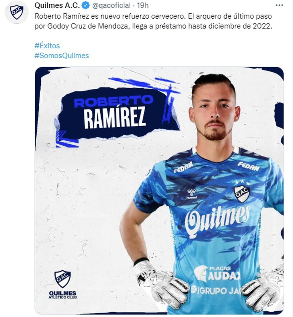 El arquero Roberto Ramírez se sumó a Quilmes proveniente de Godoy Cruz.
