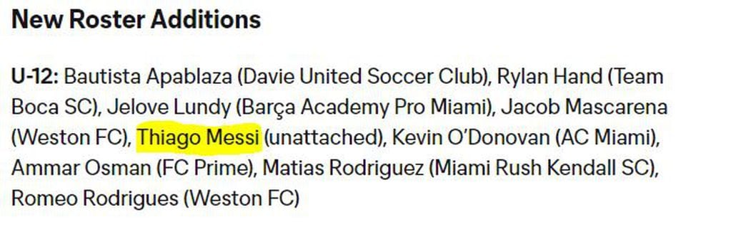 La lista del Inter Miami que confirma la incorporación de Thiago Messi a sus juvenilies.