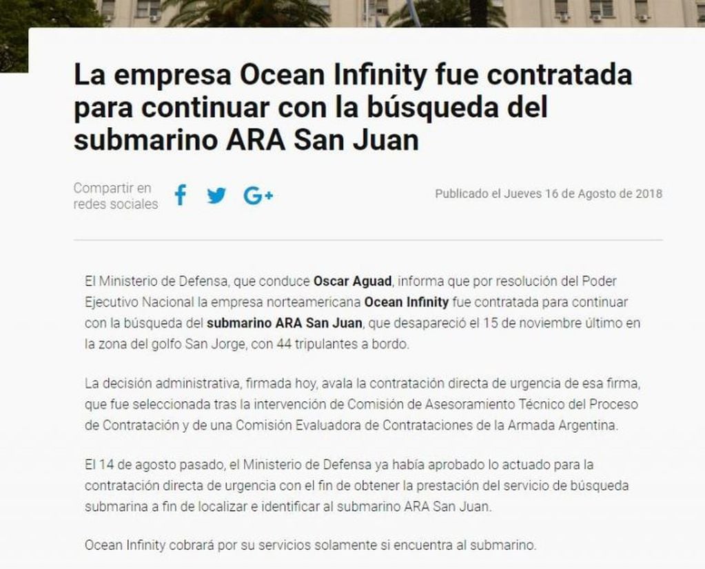El comunicado sobre el ARA San Juan que emitió el Ministerio de Defensa. (Web)