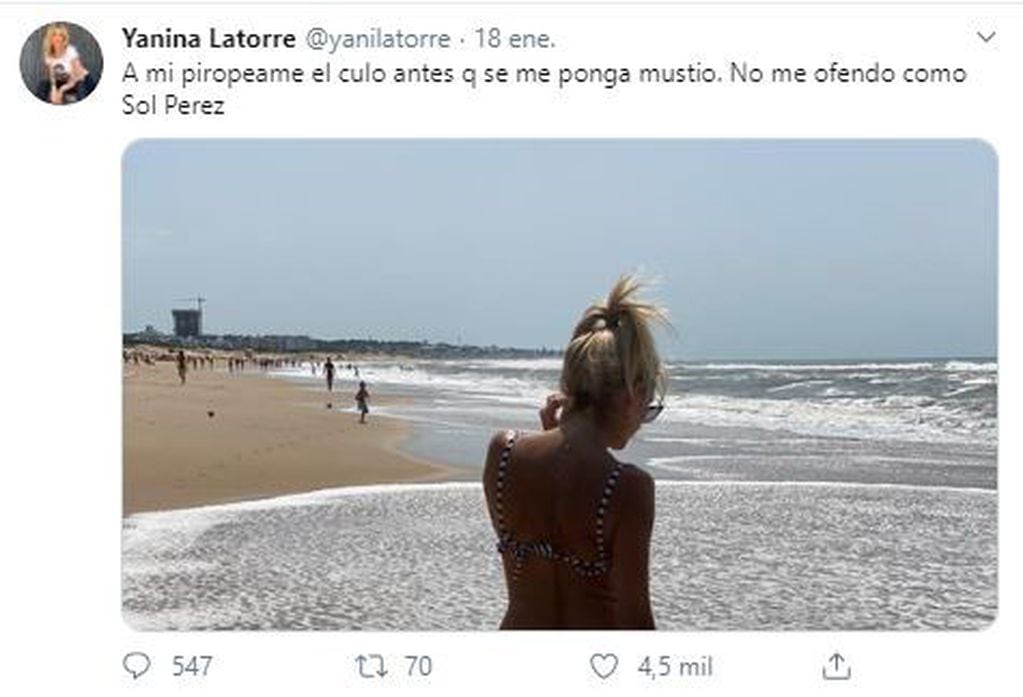 Yanina Latorre publicó una foto de espaldas para provocar a Sol Pérez (Foto: Twitter/ @yanilatorre)