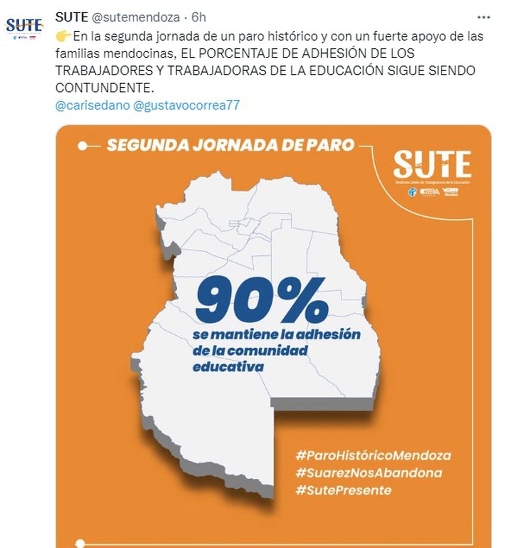 SUTE confirmó el 90% de adhesión al paro docente en Mendoza.