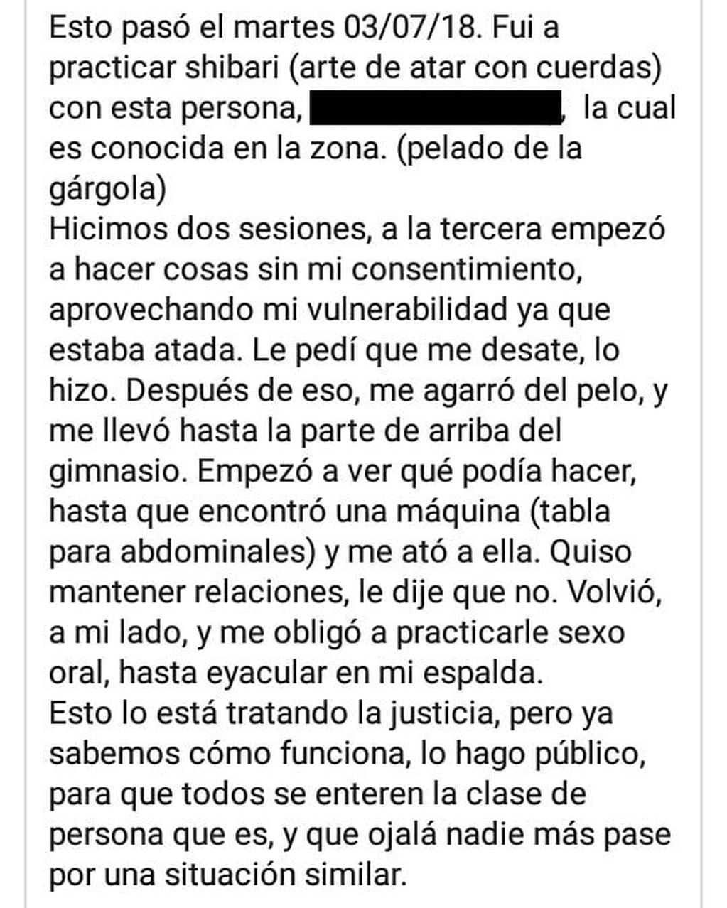 Denuncia por abuso sexual en un gimnasio de San Lorenzo. (Facebook)