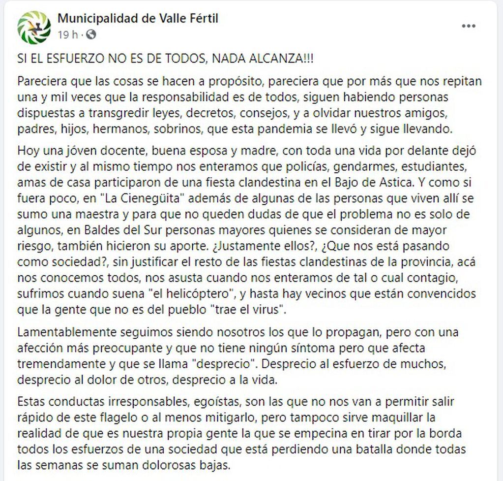 El comunicado publicado en la cuenta de Facebook del Municipio de Valle Fértil.