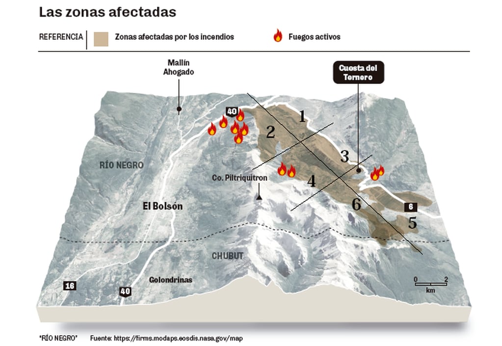Mapa del incendio en El Bolsón. Fuente: Diario Río Negro. 