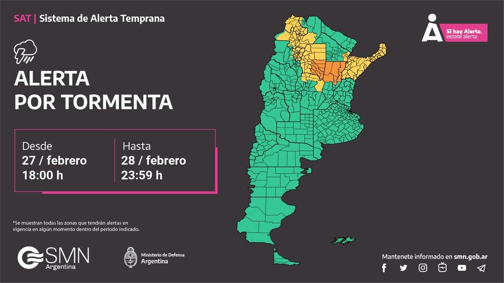 Alerta amarilla por tormentas en la provincia de Córdoba.